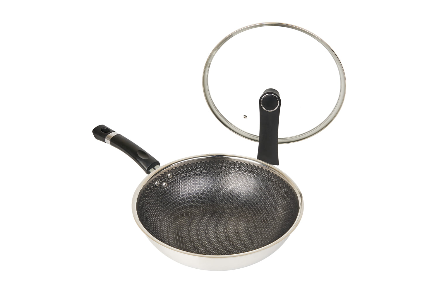 CF30C-CJ538 Wok i rustfritt stål med glasslokk, etsende non-stick belegg, ripebestandig, husholdning