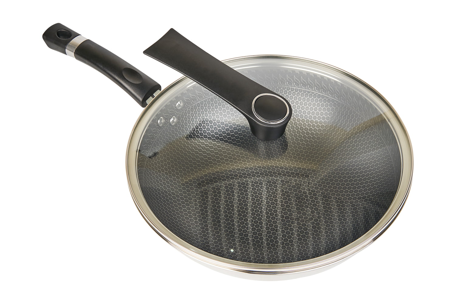 CF30C-CJ538 Wok i rustfritt stål med glasslokk, etsende non-stick belegg, ripebestandig, husholdning