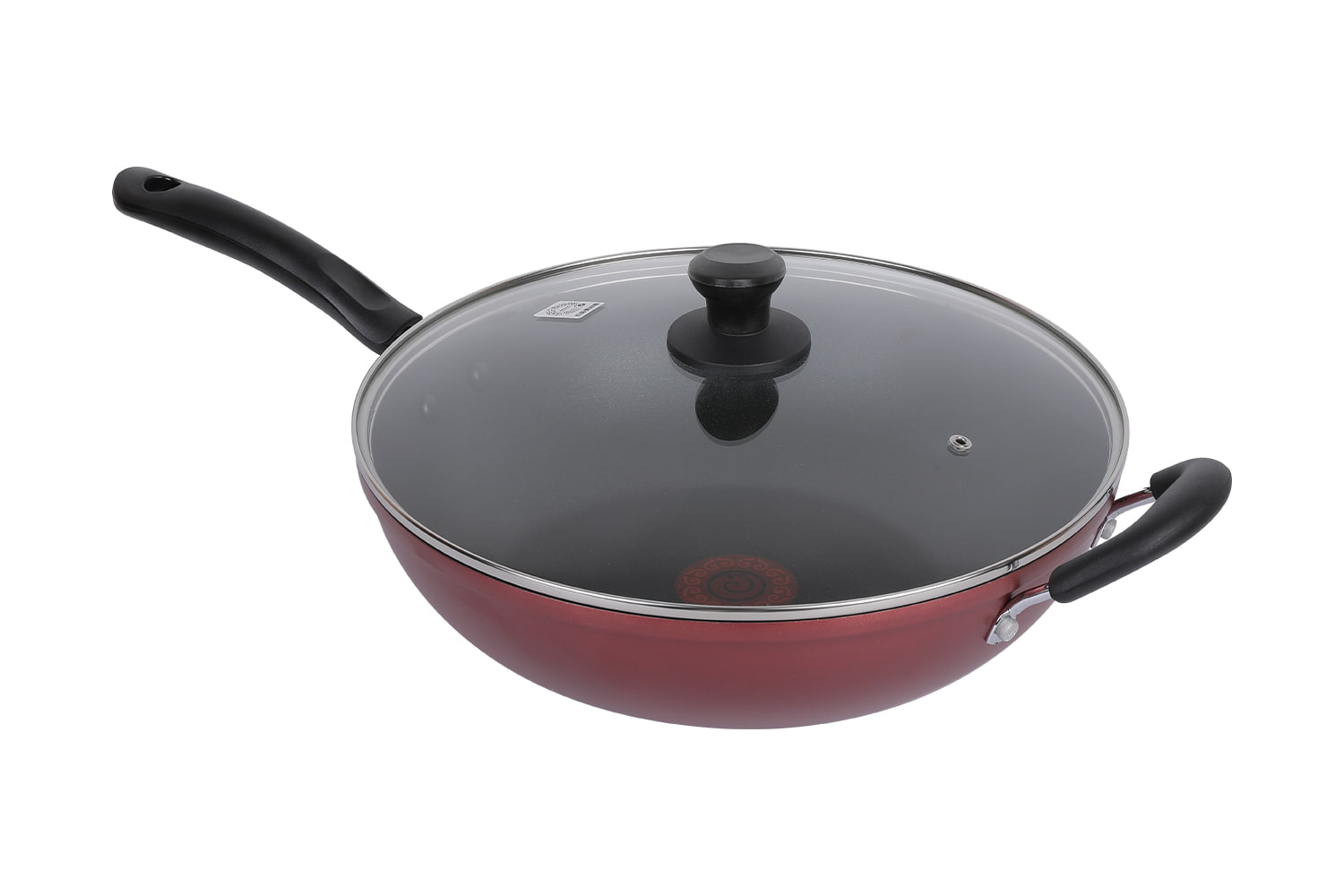 CF32C-CJ772 Flaming Wok-Med glasslokk imitert støpeputetrykk flammende rød prikk 32 non-stick wok