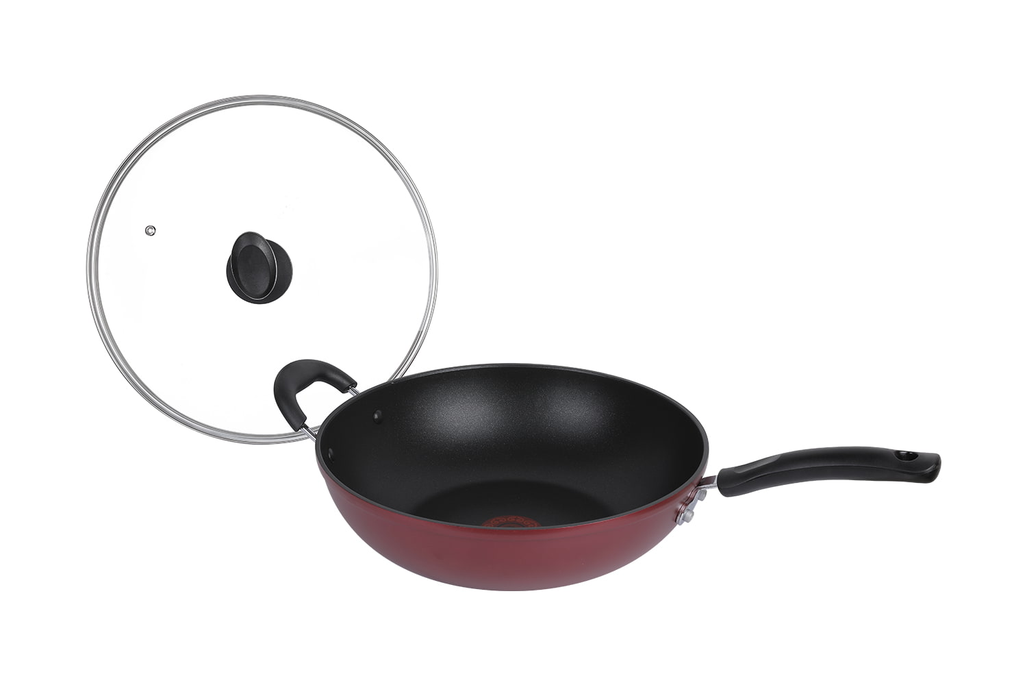 CF32C-CJ772 Flaming Wok-Med glasslokk imitert støpeputetrykk flammende rød prikk 32 non-stick wok