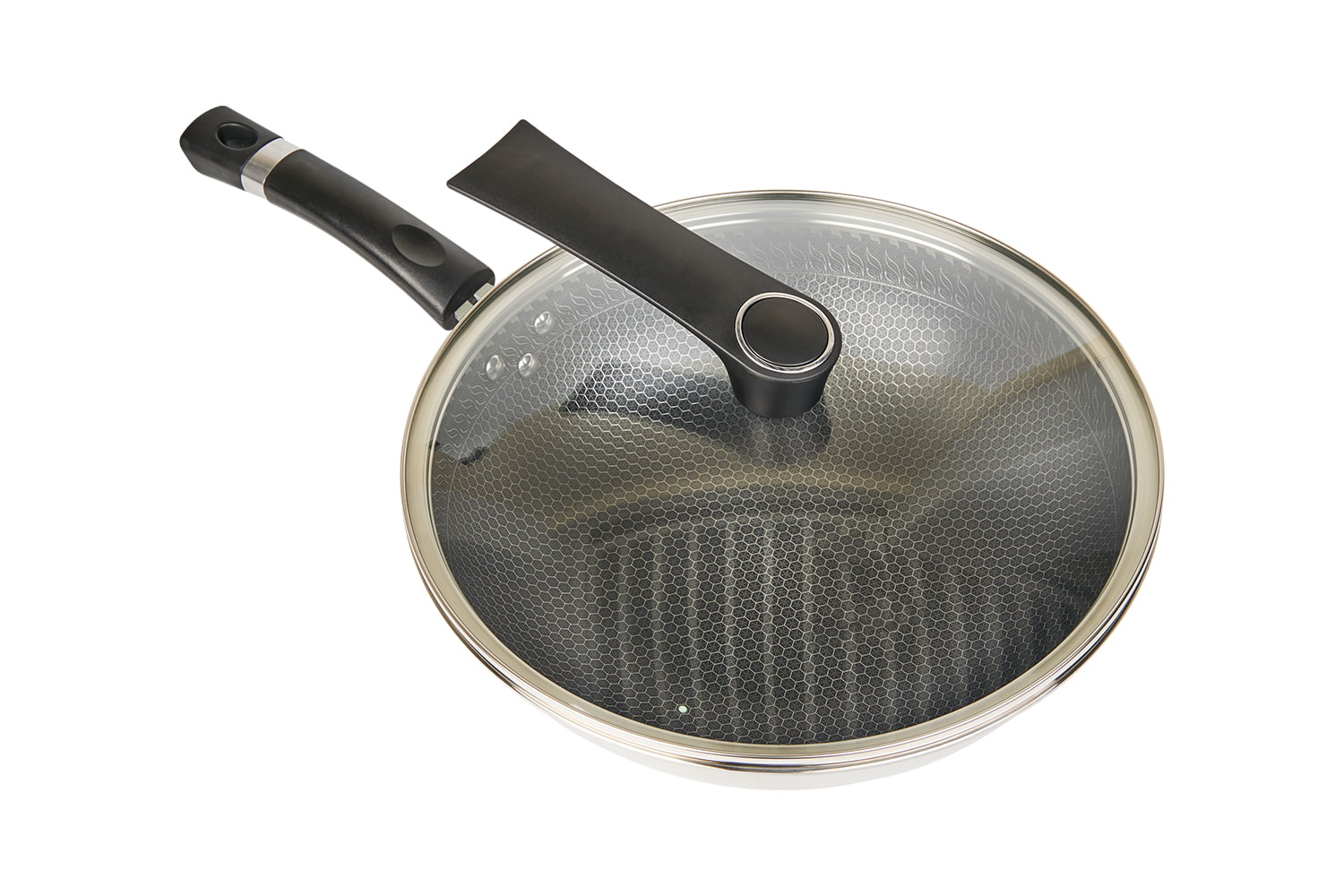 CF34C-CJ598 Wok i rustfritt stål med glasslokk, etsende non-stick belegg, ripebestandig, husholdning