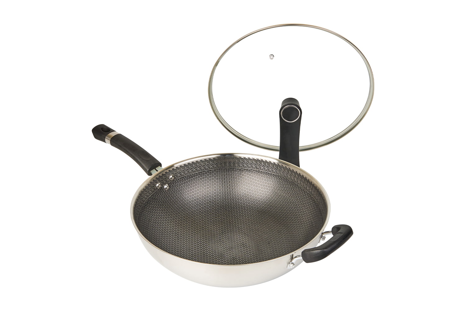 CF34C-CJ598 Wok i rustfritt stål med glasslokk, etsende non-stick belegg, ripebestandig, husholdning